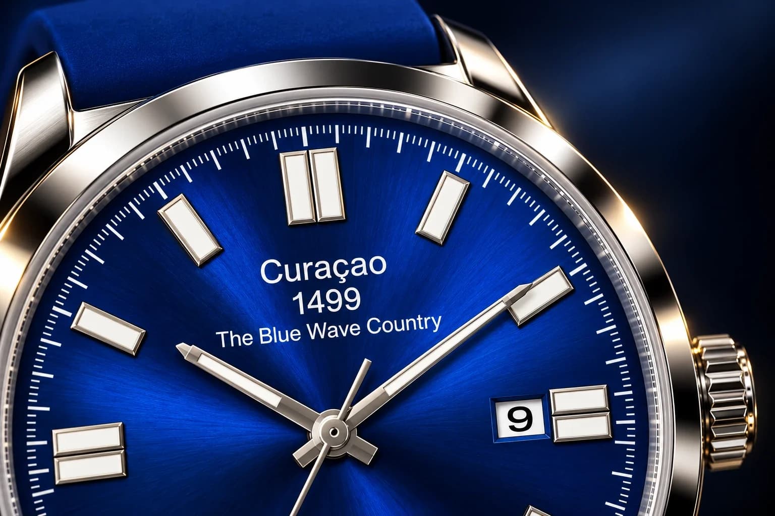 Close-up of the royal-blue sunburst dial
