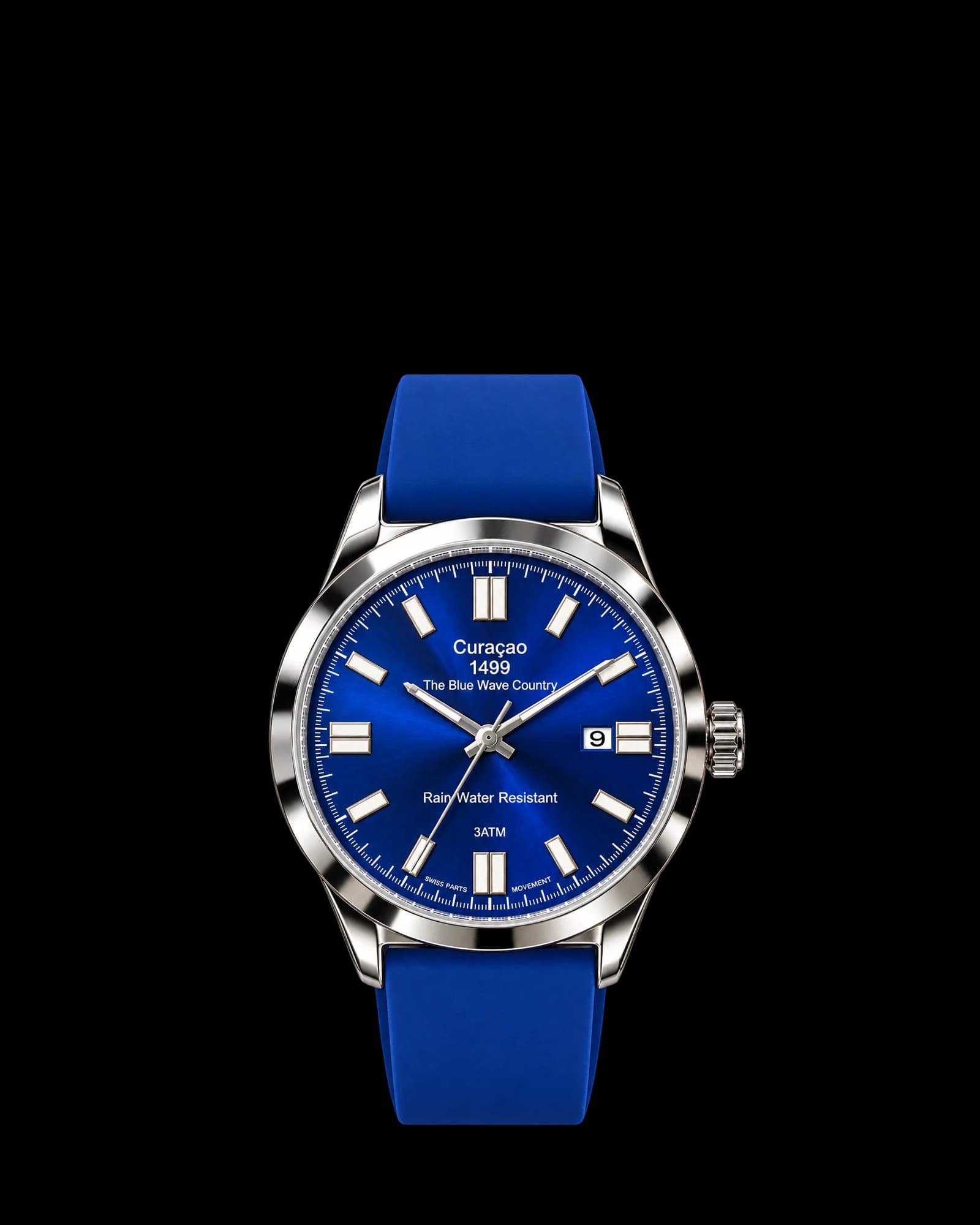 The Curaçao Watch with a silver case, royal-blue sunburst dial and blue rubber strap
