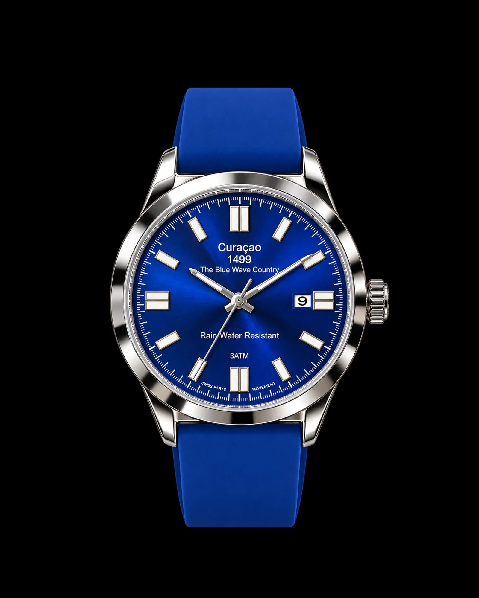 The Curaçao Watch, Silver, blue rubber