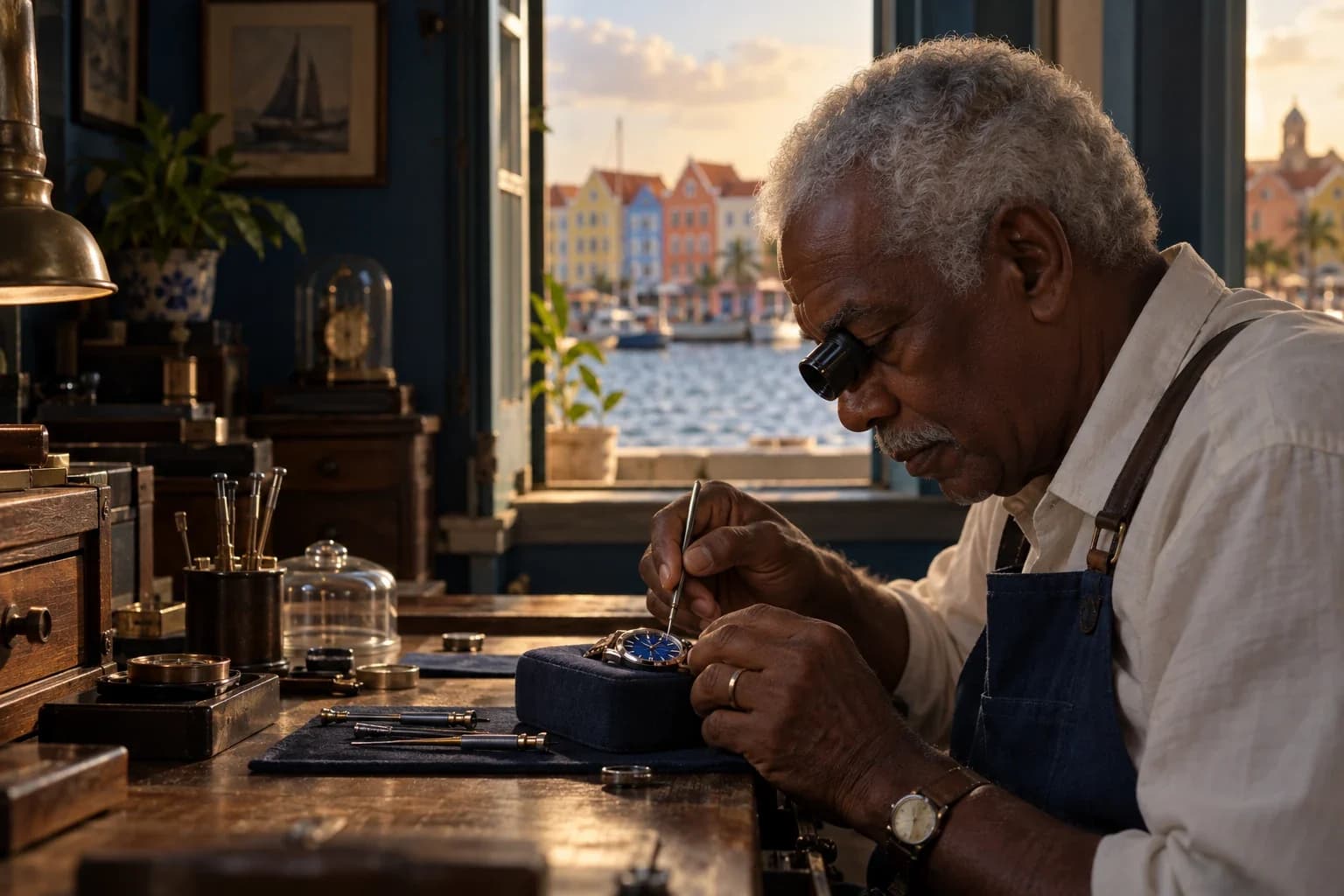 Portrait of the watchmaker Eduardo Martis at his workbench