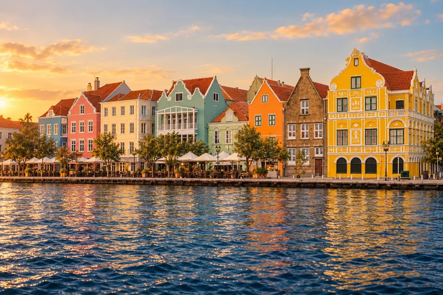 The coloured houses of Handelskade in Willemstad reflected in the water