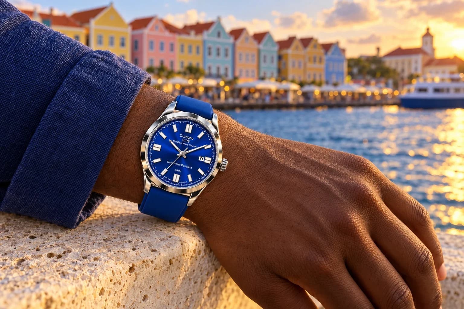 The Curaçao Watch on a wrist by the water in Willemstad at golden hour